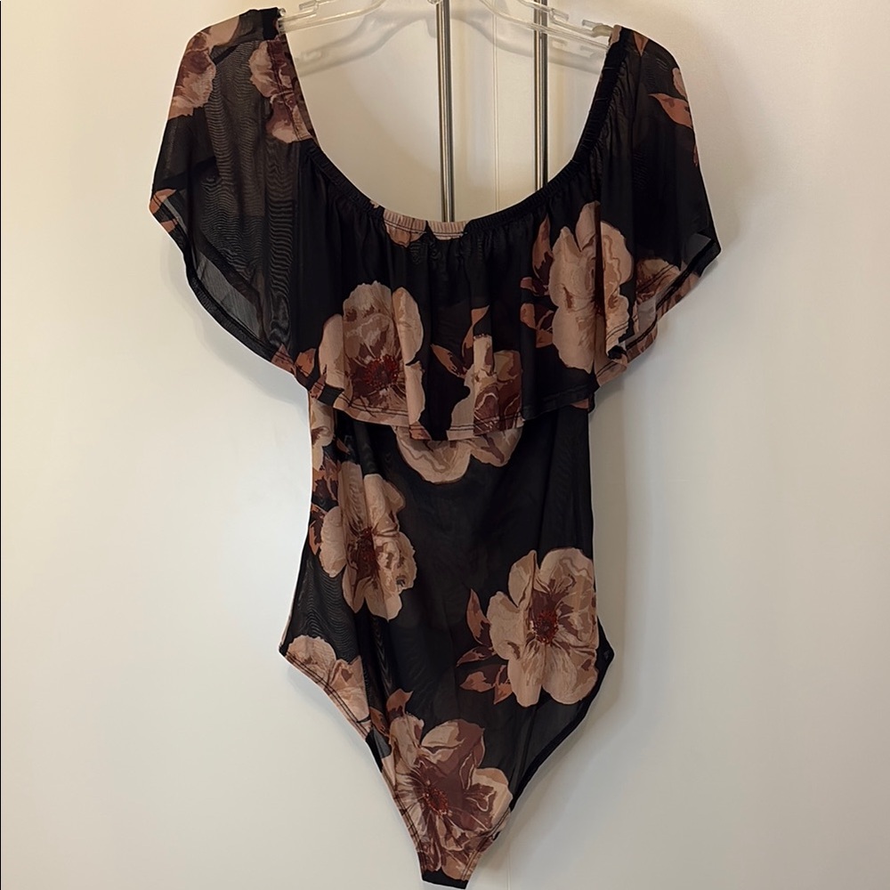 LAST CALL! Charlotte Russe Black and Cream Bodysuit with Ruffle Sheer Elegance - Picture 3 of 6